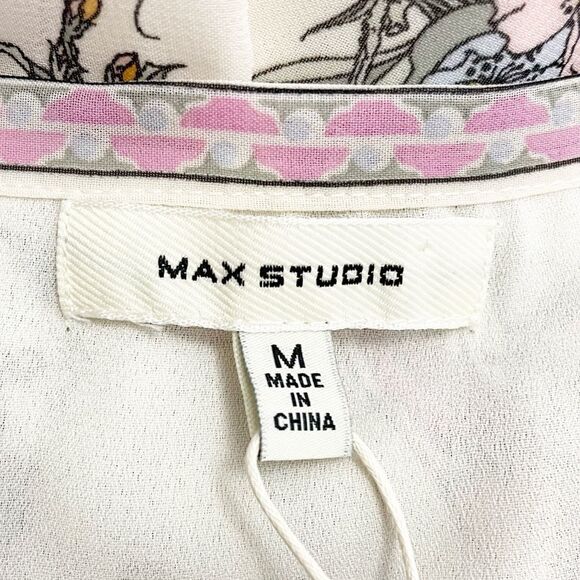 NWT Max Studio Smocked Cream Pink Floral Bird Print Mini Dress Size Medium NEW - Picture 10 of 15